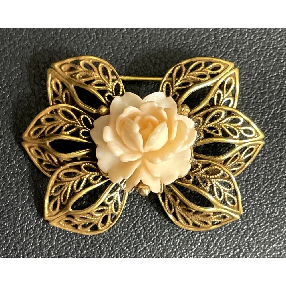 Vintage Filigree Bow Brooch Victorian Revival Gold Tone Peach Flower Pin Jewelry